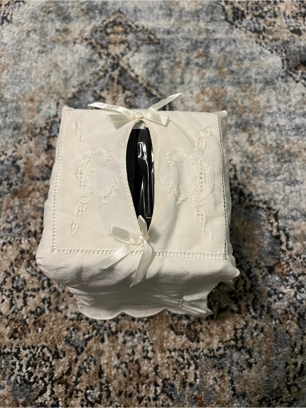white Embroidered Tissue Box Cover with Ribbon
